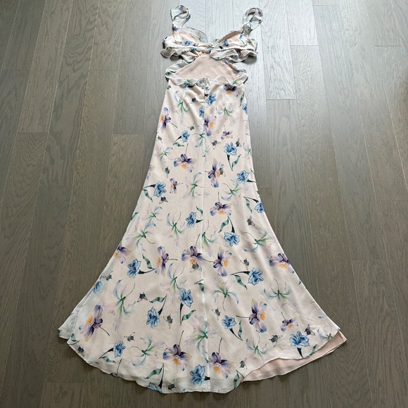 Sau Lee Amelia Maxi Cutout Ruffle Floral Pink Cream Chiffon Dress - US 4 - Picture 3 of 14